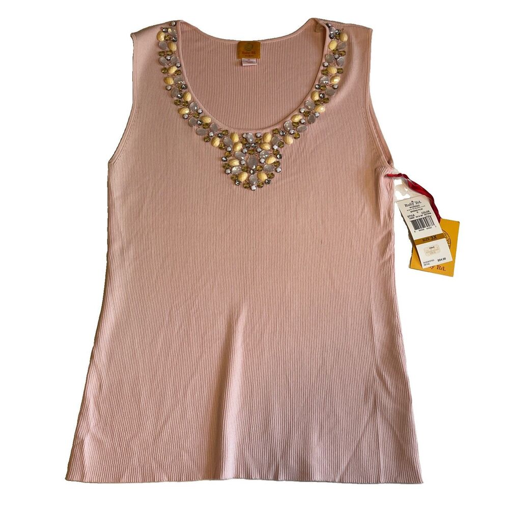 Ruby Road Woman Embellished Ribbed Knit Tank Top Size 3X Pink Rhinestones NWT